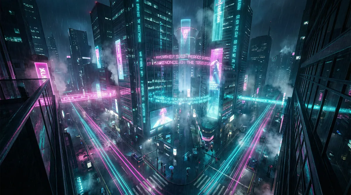穿越斗罗位面掠夺女神 竖屏短剧平台首页背景 - 赛博朋克都市夜景